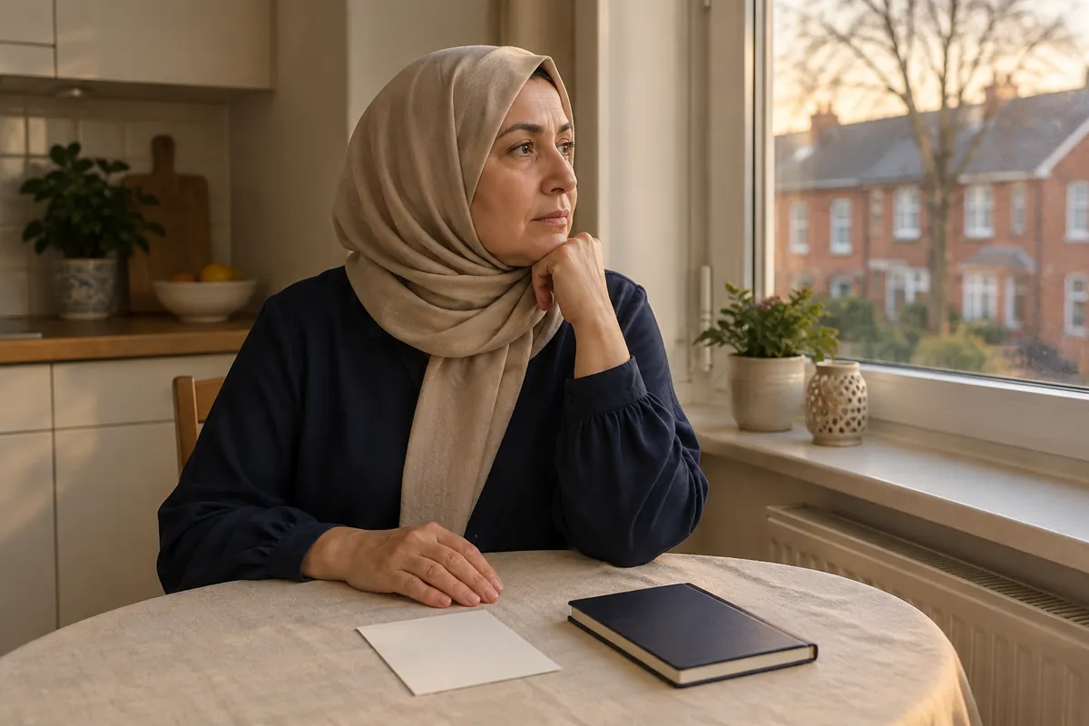 Türkische Frau Ende vierzig mit hellem Kopftuch sitzt am Küchentisch ihres Reihenhauses in Deutschland, vor ihr eine leere Terminkarte und ein Notizbuch, und denkt nachdenklich aus dem Fenster schauend über den nächsten Schritt nach
