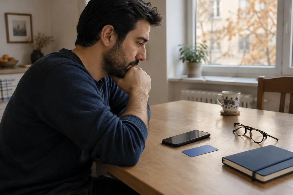 Almanya’da online terapi için başvuru: mutfak masasında telefonu, sağlık sigortası kartı ve not defteriyle karar veren bir adam
